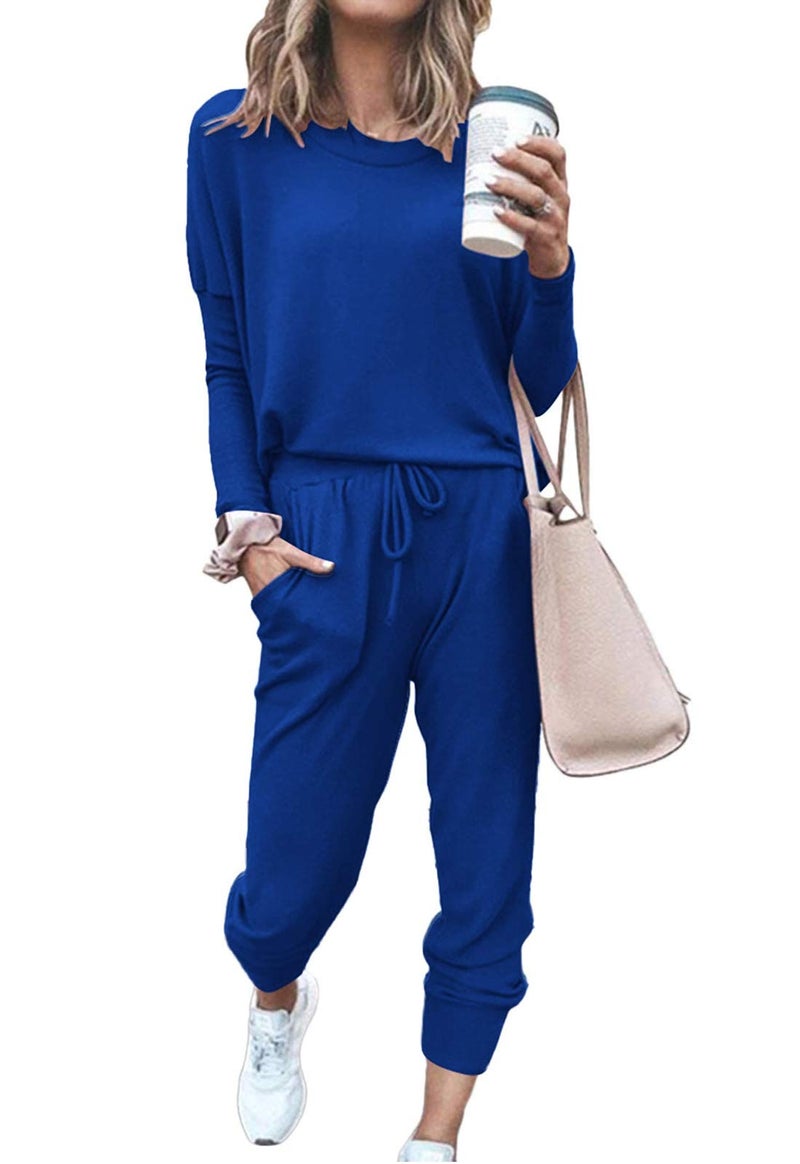 Fixmatti Women Casual 2 Piece Outfits Jumpsuit Long Sleeve Shirt and Long Pant Set M Blue - Image 1
